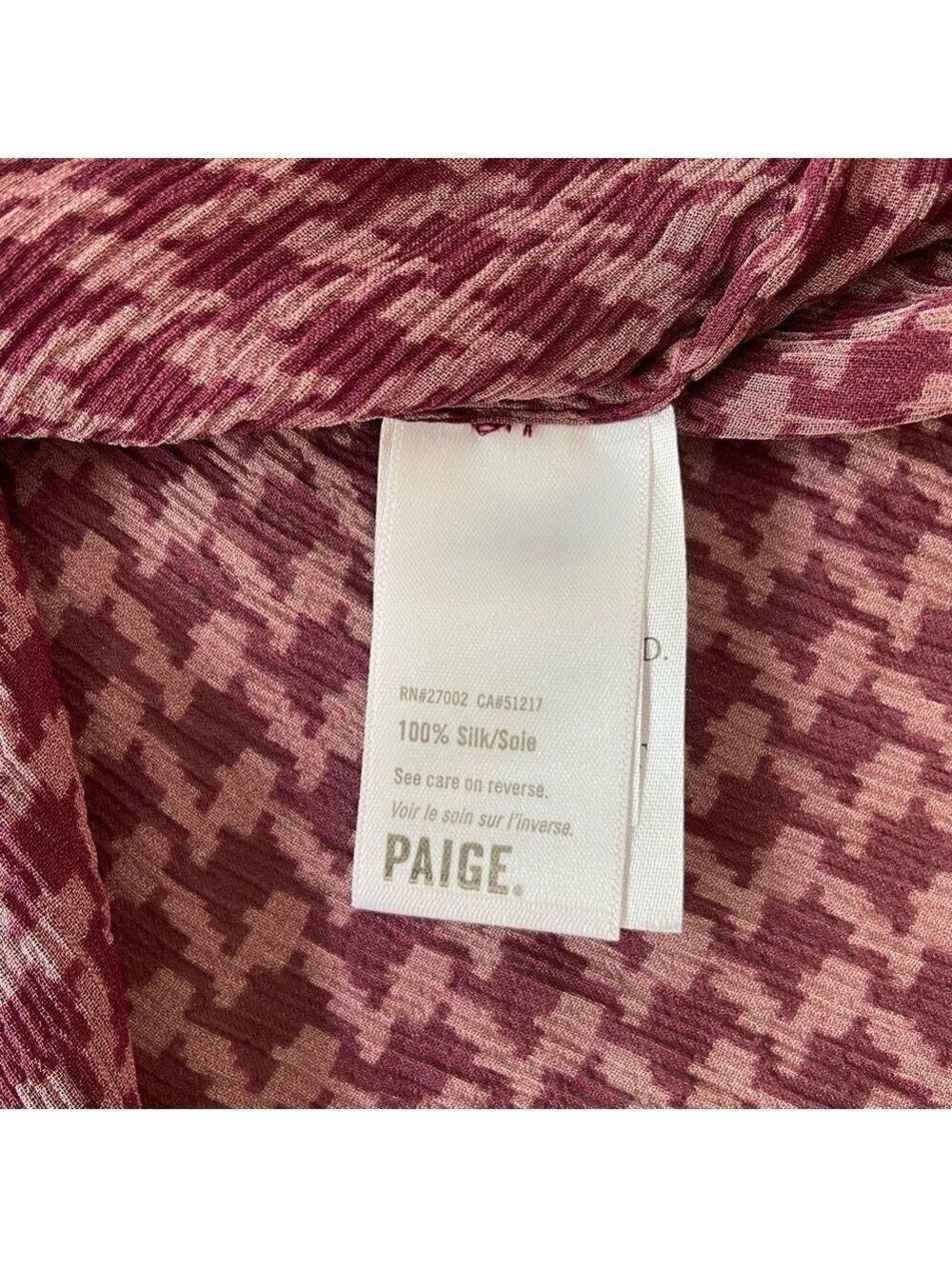 Paige Brea 100% Silk Burgundy Red Houndstooth Blouse Sheer Small houndstooth - Picture 8 of 15